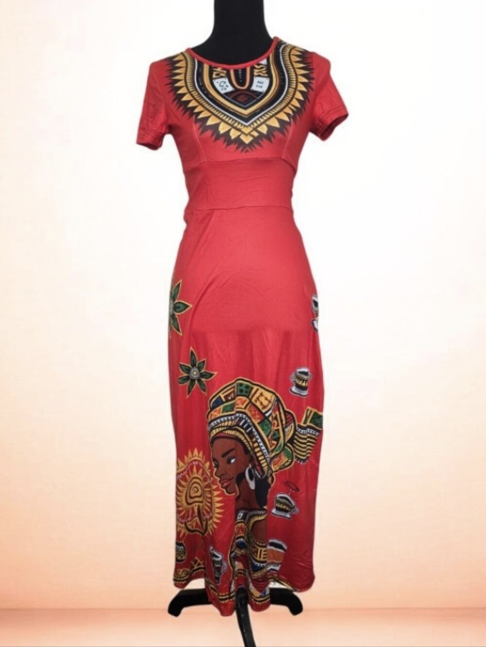 #V06 Red African Print Short-Sleeve Maxi Dress
